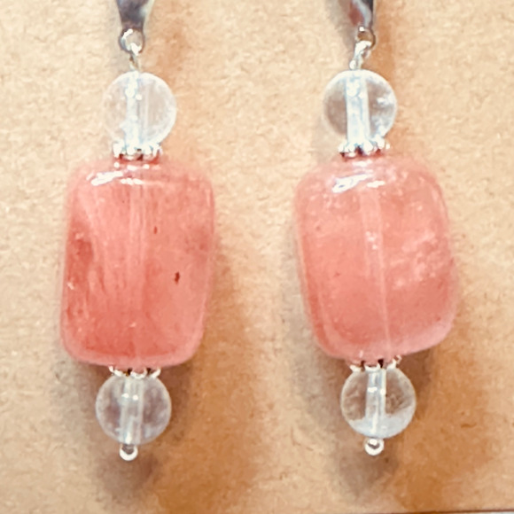 Stainless Steel Wide Hook Earrings Cherry Quartz & Clear Quartz Handmade - Picture 2 of 15